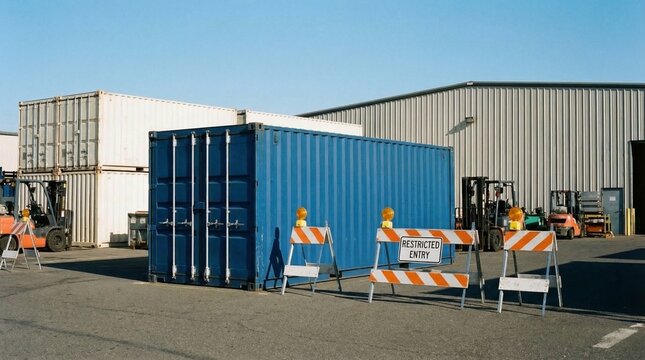 Isolated blue shipping container in freight yard marked with restricted entry sign and safety barricades near loading docks with heavy equipment visible in background during clear sunny afternoon.