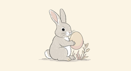 Obraz premium Textured grey bunny sitting in a meadow holding a large egg with soft shadows and plant details against a warm cream colored background.