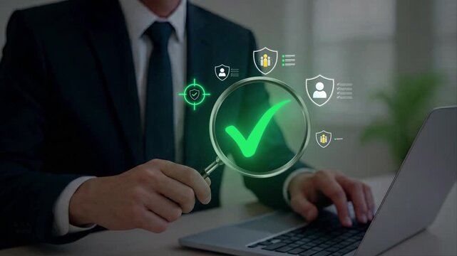 Businessman holding a magnifying glass with digital check mark and security icons, representing workplace safety verification, employee data protection, and secure management systems, 4k video