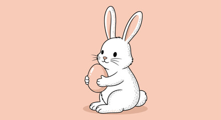 Obraz premium Detailed white rabbit illustration with textured fur sitting on a soft pink surface while holding a single tan egg for a sweet Easter theme.