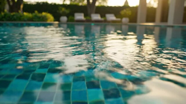 Tranquil shimmering pool water with teal mosaic tiles reflecting sunlight and poolside lounge chairs in the background