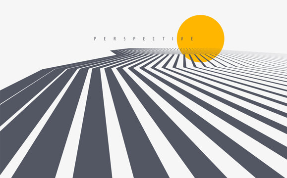 An empty multi-lane road stretching into the distance. Sunset or sunrise. Concept of the beginning of a journey. Striped geometric landscape. Art design for brochure, poster, cover, card, presentation