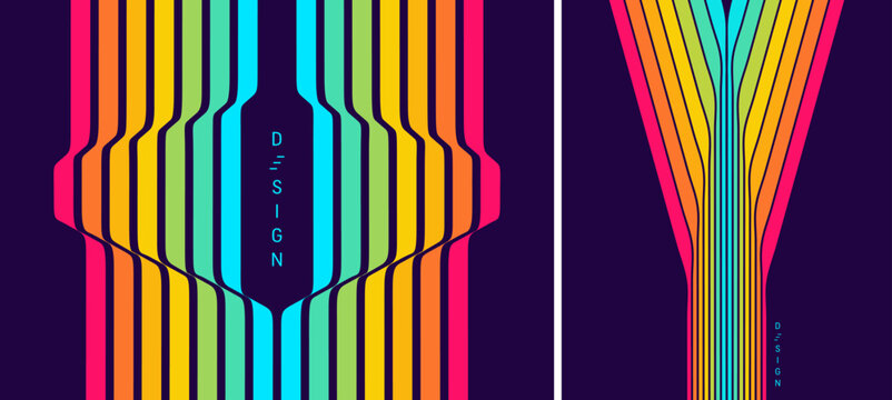 Geometric art. Retro background from the 60s, 70s, or 80s. A pattern of colorful stripes cut in the middle. Dynamic ribbons. Color gradient. Vector for brochure, poster, cover, presentation, flyer.