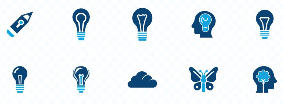 Creativity icon set featuring lightbulbs pencil brain butterfly and cloud in solid blue style high quality professional detailed modern elegant stylish clean crisp