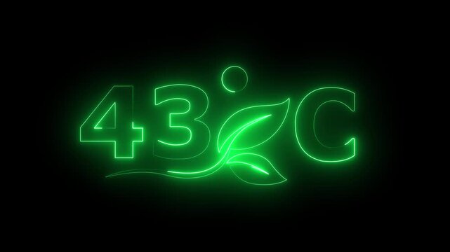 Glowing neon 43 Degree Celsius Energy Concept Animation with Growing Leaves, Ecology and Temperature Measurement Icon on Dark Background.