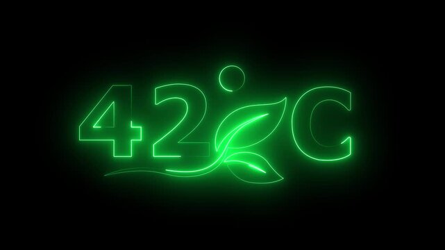 Glowing neon 42 Degree Celsius Energy Concept Animation with Growing Leaves, Ecology and Temperature Measurement Icon on Dark Background.