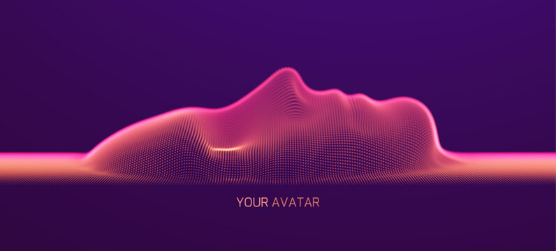 Glowing dots form a human face or mask on the surface. Soft glow. Technological concept. The process of modeling, recognition, or scanning. 3D illustration for cover, card, presentation, etc.