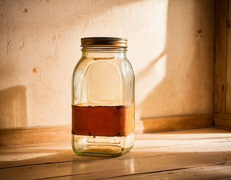 Old jar with peeling orange label in warm sunlight on wooden surface 