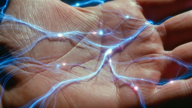 Close-up of a human palm with glowing energy lines in luminous style on dark background, concept of power and connection