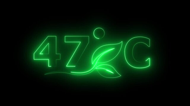 Glowing neon 47 Degree Celsius Energy Concept Animation with Growing Leaves, Ecology and Temperature Measurement Icon on Dark Background.