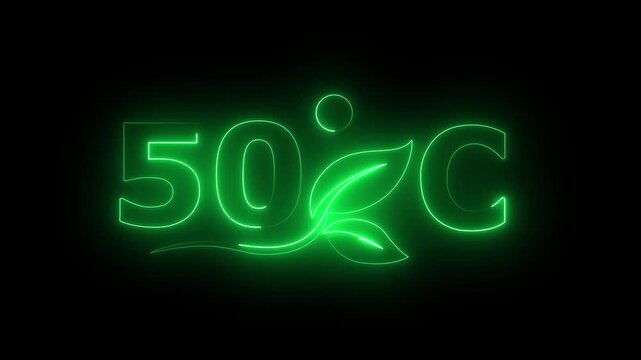 Glowing neon 50 Degree Celsius Energy Concept Animation with Growing Leaves, Ecology and Temperature Measurement Icon on Dark Background.