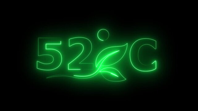 Glowing neon 52 Degree Celsius Energy Concept Animation with Growing Leaves, Ecology and Temperature Measurement Icon on Dark Background.