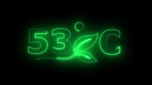 Glowing neon 53 Degree Celsius Energy Concept Animation with Growing Leaves, Ecology and Temperature Measurement Icon on Dark Background.