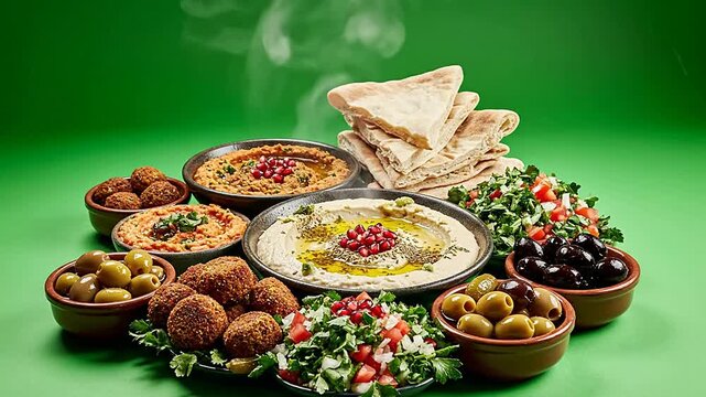 Vibrant Display of Mediterranean Cuisine Featuring Hummus, Falafel, Olives, Fresh Vegetables, and Warm Pita Bread on Green Screen Background