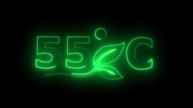 Glowing neon 55 Degree Celsius Energy Concept Animation with Growing Leaves, Ecology and Temperature Measurement Icon on Dark Background.