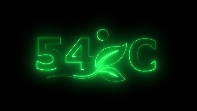 Glowing neon 54 Degree Celsius Energy Concept Animation with Growing Leaves, Ecology and Temperature Measurement Icon on Dark Background.