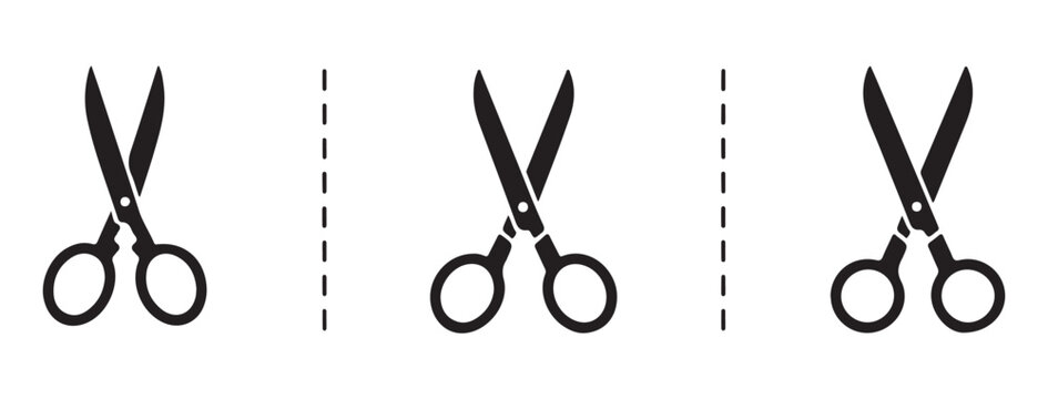Series of open scissors separated by vertical dashed lines indicating cutting path for paper crafts.