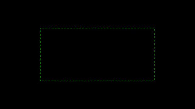 Dot line rectangle frame animation with alpha channel transparent black background. dashed line rectangle border moving slowly on isolated plain black background.