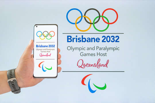 ZHONGSHAN China-May 12,2026: mobile and monitor of Brisbane 2032 Olympic and Paralympic Games logo at horizontal composition.