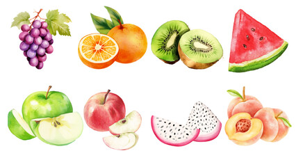 Naklejka premium Vibrant watercolor illustrations of various fresh, healthy fruits, showcasing nature's sweet bounty