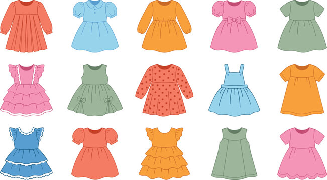 Cute Colorful Baby and Little Girl Dress Collection with Various Styles and Designs for Kids Fashion and Children's Clothing Illustrations