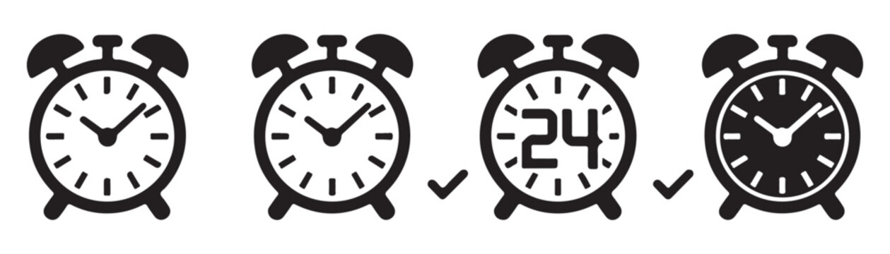 Alarm clock icons set showing different times and twenty four hour mode with checkmark indicators.