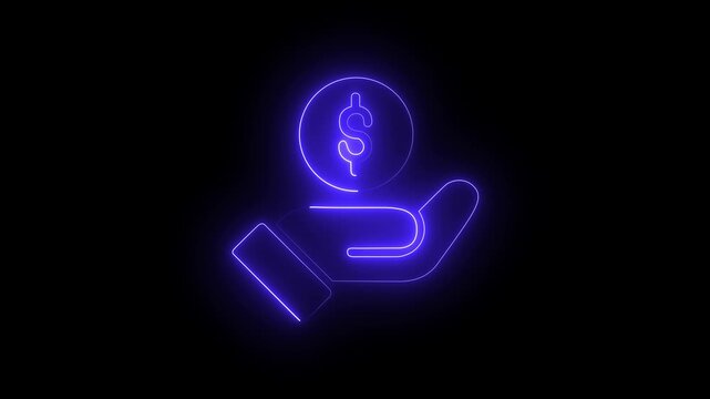 Abstract glowing neon dollar coin in hands concept investment and financial theme on black background. 4k animation.