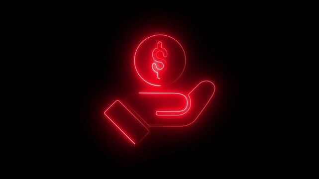 Abstract glowing neon dollar coin in hands concept investment and financial theme on black background. 4k animation.