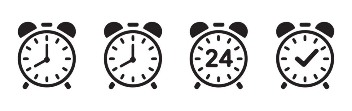 Collection of clock icons representing time measurement and alarms on transparent background.