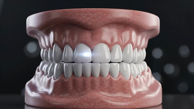 Realistic 3D CGI Depiction of Open Mouth with Perfect White Teeth and Healthy Gums Symbolizing Confidence and Oral Health in a Dark Background