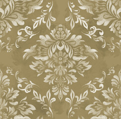 Fototapeta premium Beige Gold Damask Seamless Pattern with Floral Medallion and Scroll Motifs on Khaki Background