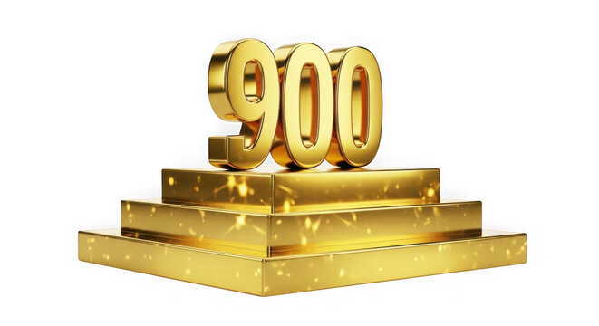Shiny gold number 900 on a pedestal with glowing confetti particles isolated on transparent background