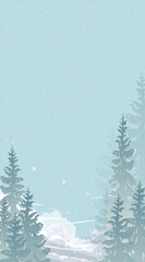 Fototapeta premium Winter snow background,pine forest landscape,falling white snowfall on blue sky.Vector illustration Cold nature scenery for Christmas banner,Seasonal wallpaper,New year holiday card design,copy space