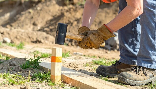 Close up of a person hammering a wooden stake during outdoor construction