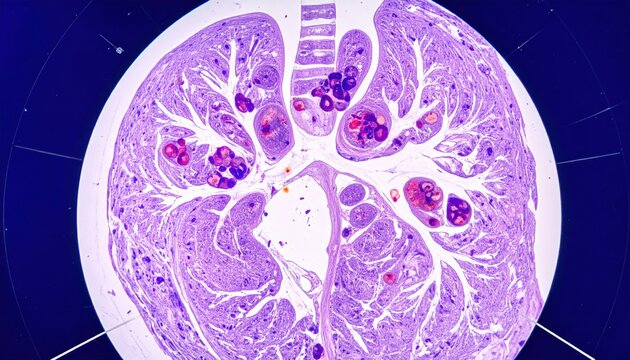 Microscopic cross section view of lung parenchyma tissue, displaying intricate networks of bronchiole structures and blood vessels for biological research and clinical diagnostic pathology studies.