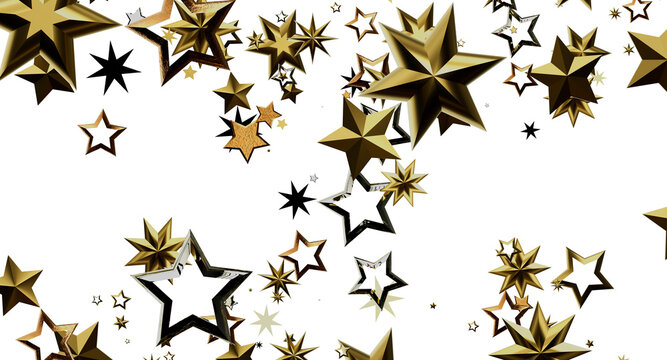 Abstract background featuring golden stars in various sizes on a white backdrop, perfect for holidays, Christmas, and ge