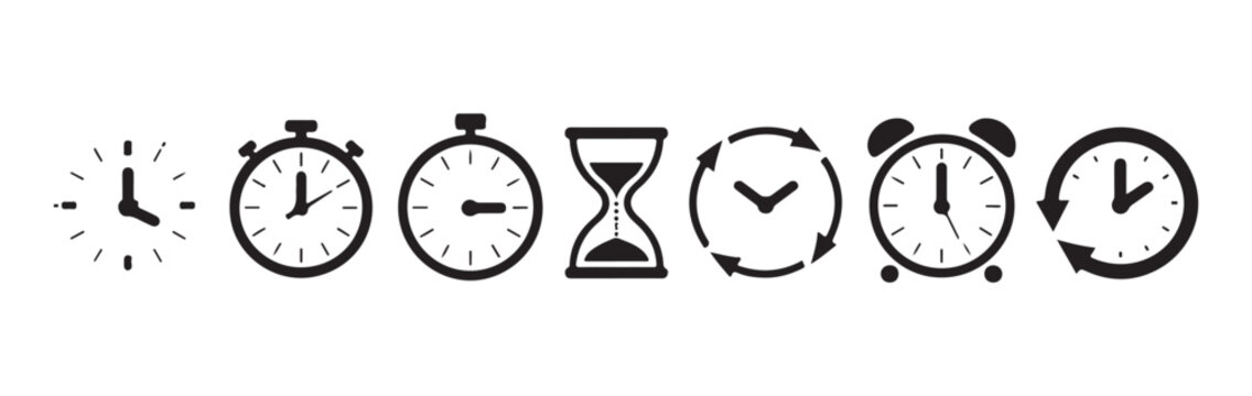 Collection of time icons stopwatch hourglass alarm clock and circular arrows on transparent background.