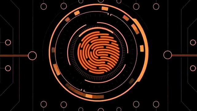 Futuristic biometric fingerprint scanner animation with rotating HUD interface changing through various neon colors, representing cybersecurity and high-tech digital identification