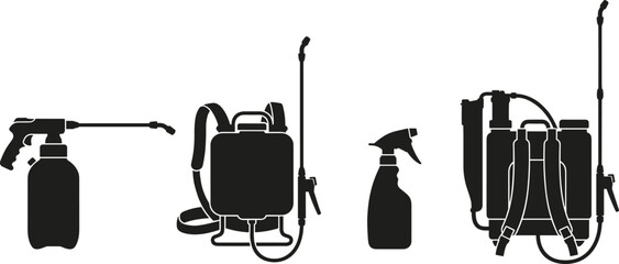 Flat vector illustration of sprayer silhouettes, handheld backpack spray bottle icons, minimal gardening design, modern agricultural graphic set, black outline and filled styles © MSTRAMANA