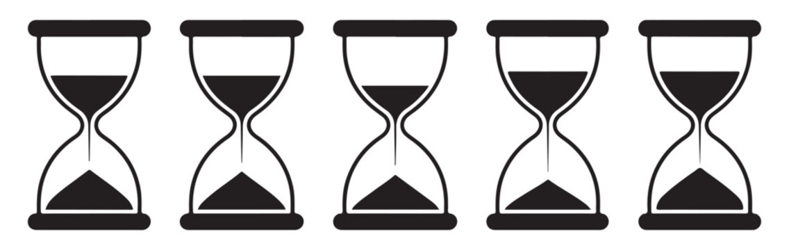 Black sand hourglass stages showing time flow progression from full to empty on transparent background.
