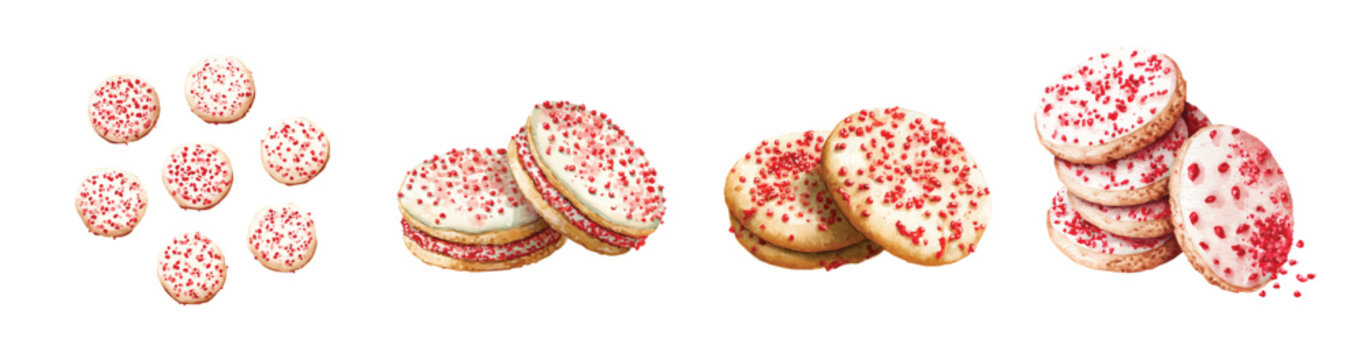 Watercolor Simple illustration set, vanilla cookies with red sprinkles collection, painting design. Hand-painted style, vectorized, vector set available in EPS Simple Hand-painted watercolor style.