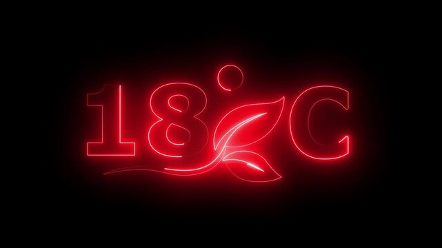 Glowing neon 18 Degree Celsius Energy Concept Animation with Growing Leaves, Ecology and Temperature Measurement Icon on Dark Background.