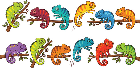 Cute Colorful Cartoon Chameleon Character Collection Vector Illustration Set Featuring Funny Chameleons Sitting on Branches in Rainbow Colors Including Green, Blue, Orange, Red and Purple © Mifta