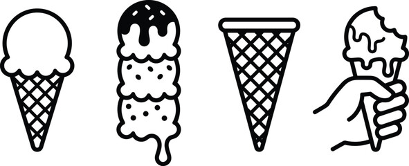 Ice cream cone illustration set, black-and-white designs showing scoops, syrup, empty cone, and hand-held melting cone - flat vector illustration © MSTRAMANA