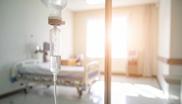 Transparent saline IV drip bag hanging in a bright hospital room, widescreen view of medical equipment for patient hydration therapy, emphasizing clinical recovery and healthcare environment.