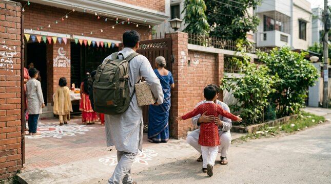 Indian father wearing a casual grey kurta and carrying a green backpack arrives at his family home while a young son runs towards him for a warm and loving embrace