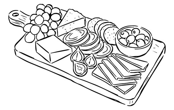 Whimsical chalk tapas and charcuterie board doodles. Quirky food of breakfast and dinner meals in crayon style. Trendy art for menus and invitations. La dolce vita italian vector illustration