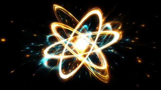 Glowing atomic energy symbol with luminous orbital light trails and futuristic plasma motion on black background. Abstract sci fi particle explosion in seamless 4K loop.