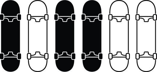 Flat vector illustration of skateboard silhouettes, deck and wheel icons, minimal sport design, modern urban graphic set, black outline and filled styles © MST RAMANA