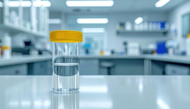 Transparent plastic specimen container with a yellow lid, resting on a white clinical laboratory bench against a blurred background, perfect for medical diagnostic and research environments.